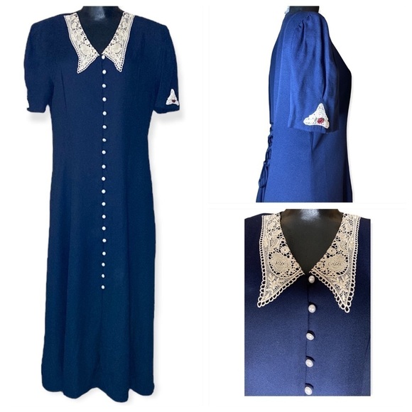 Ultra Dress | Navy Blue Vintage Dress Navy Blue Lace Collar Pearl Button M - Picture 1 of 8